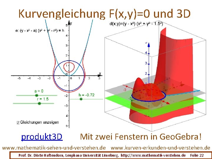 Kurvengleichung F(x, y)=0 und 3 D produkt 3 D Mit zwei Fenstern in Geo.