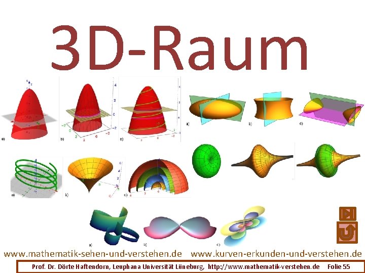 3 D-Raum www. mathematik-sehen-und-verstehen. de www. kurven-erkunden-und-verstehen. de Prof. Dr. Dörte Haftendorn, Leuphana Universität