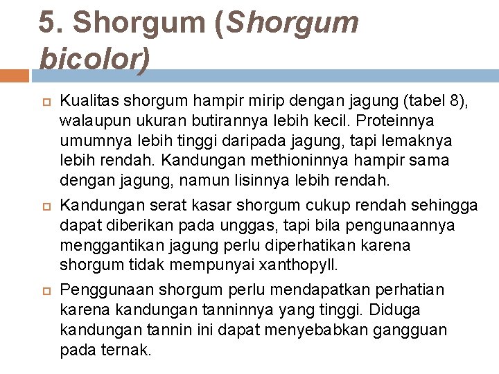5. Shorgum (Shorgum bicolor) Kualitas shorgum hampir mirip dengan jagung (tabel 8), walaupun ukuran