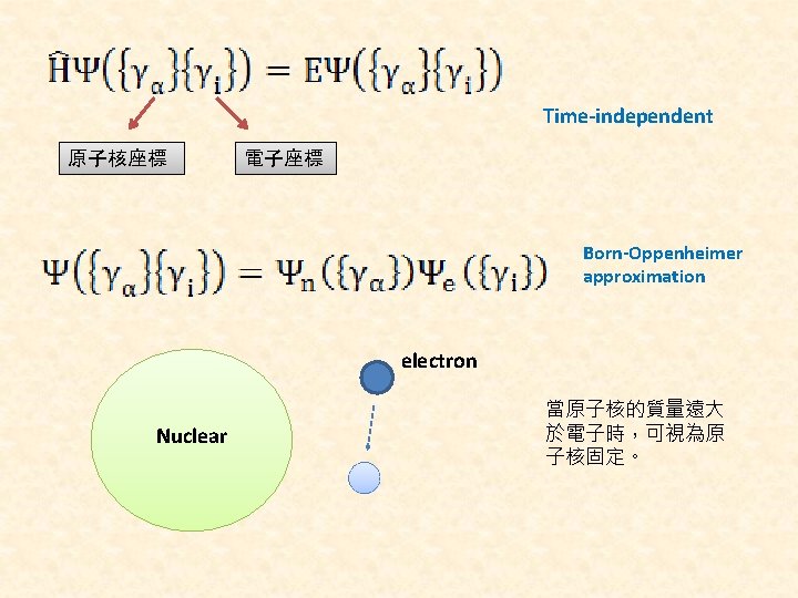 Time-independent 原子核座標 電子座標 Born-Oppenheimer approximation electron Nuclear 當原子核的質量遠大 於電子時，可視為原 子核固定。 