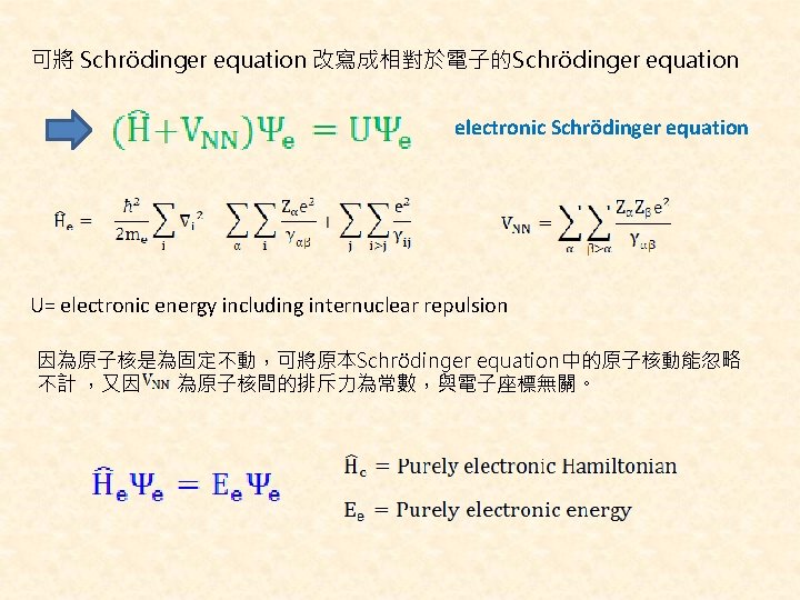 可將 Schrödinger equation 改寫成相對於電子的Schrödinger equation electronic Schrödinger equation U= electronic energy including internuclear repulsion