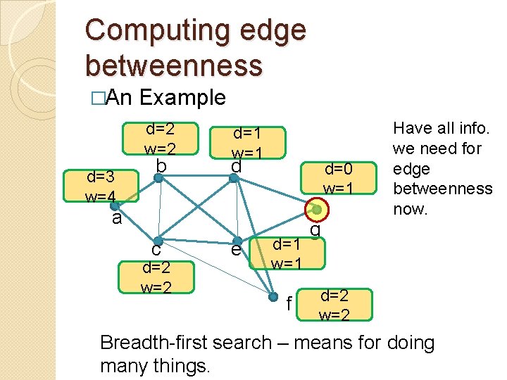 Computing edge betweenness �An Example d=2 w=2 d=3 w=4 b d=1 w=1 d d=0