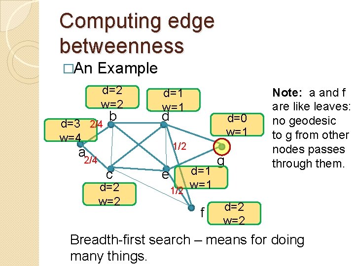 Computing edge betweenness �An Example d=2 w=2 d=3 2/4 w=4 b d=1 w=1 d