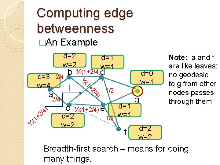 Computing edge betweenness �An Example d=2 w=2 ½(1+2/4)d ) /4 +2 (1 a 2/4