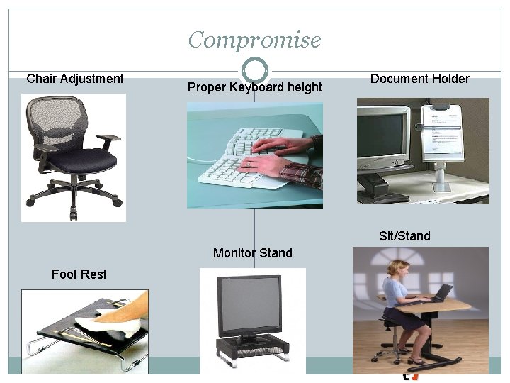Compromise Chair Adjustment Proper Keyboard height Document Holder Sit/Stand Monitor Stand Foot Rest 