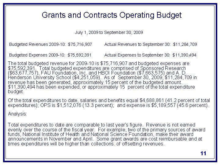 Grants and Contracts Operating Budget July 1, 2009 to September 30, 2009 Budgeted Revenues