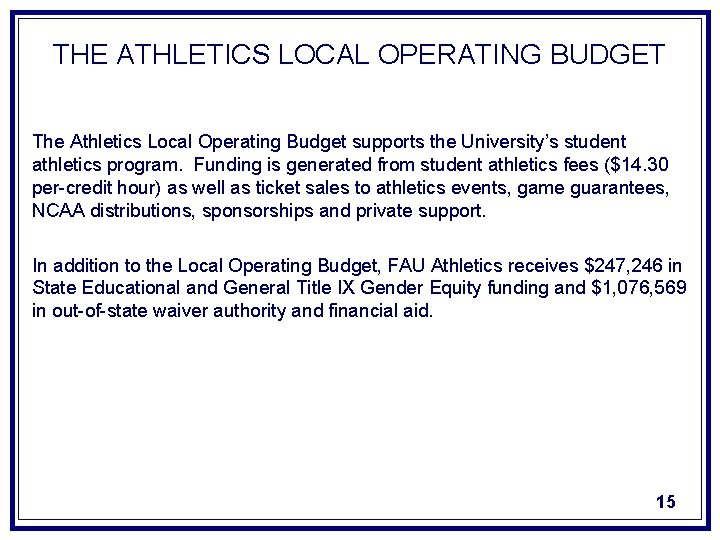 THE ATHLETICS LOCAL OPERATING BUDGET The Athletics Local Operating Budget supports the University’s student
