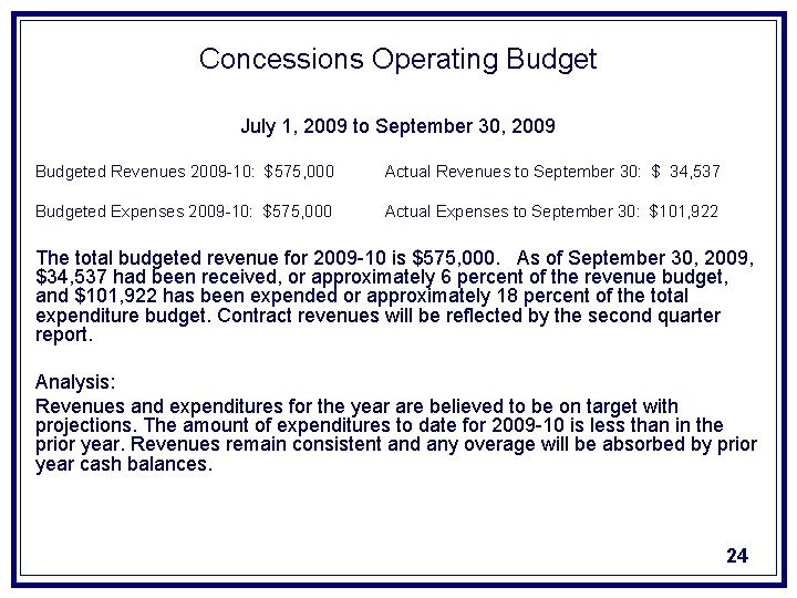 Concessions Operating Budget July 1, 2009 to September 30, 2009 Budgeted Revenues 2009 -10: