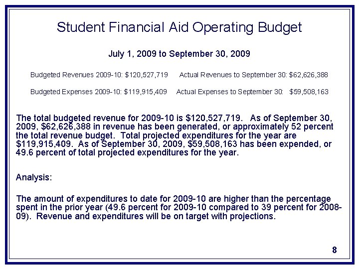 Student Financial Aid Operating Budget July 1, 2009 to September 30, 2009 Budgeted Revenues