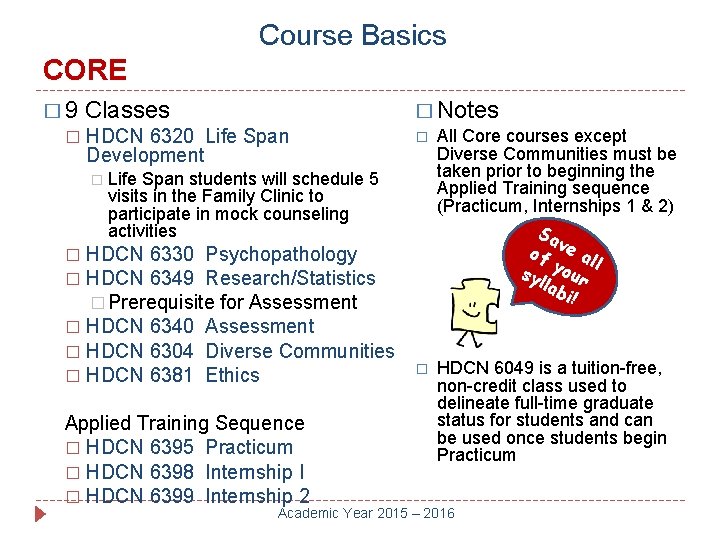 Course Basics CORE � 9 � Classes HDCN 6320 Life Span Development � Life