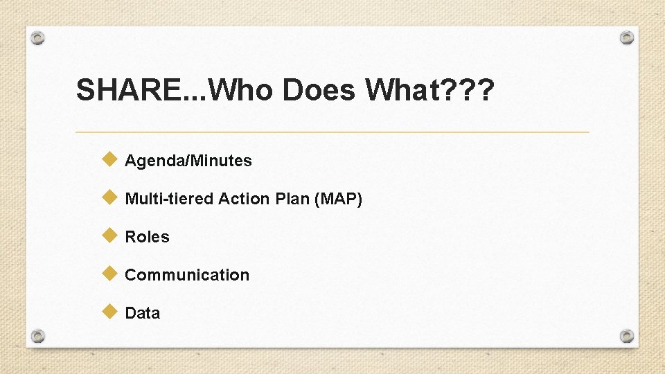 SHARE. . . Who Does What? ? ? u Agenda/Minutes u Multi-tiered Action Plan SHARE. . . Who Does What? ? ? u Agenda/Minutes u Multi-tiered Action Plan