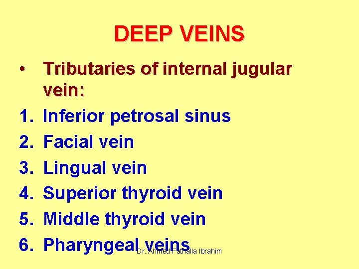 DEEP VEINS • Tributaries of internal jugular vein: 1. Inferior petrosal sinus 2. Facial