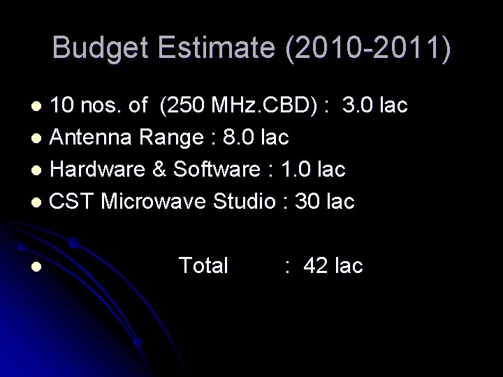 Budget Estimate (2010 -2011) 10 nos. of (250 MHz. CBD) : 3. 0 lac