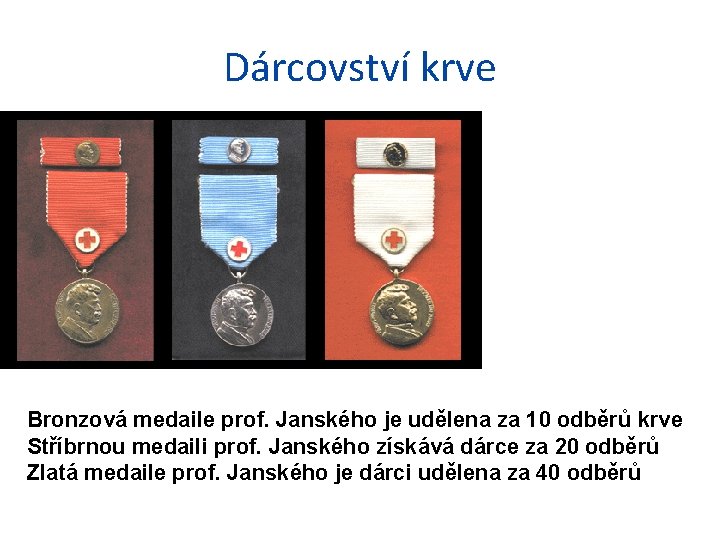 Dárcovství krve Bronzová medaile prof. Janského je udělena za 10 odběrů krve Stříbrnou medaili