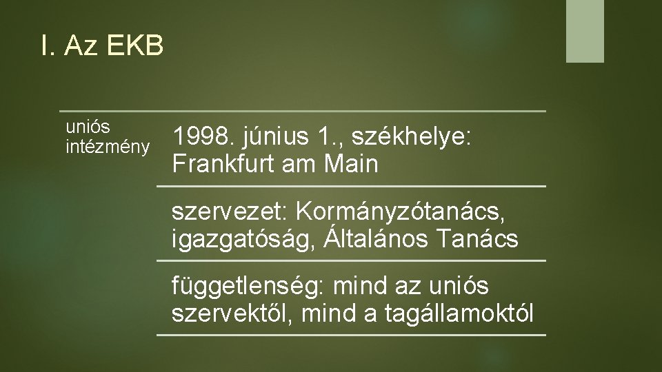 I. Az EKB uniós intézmény 1998. június 1. , székhelye: Frankfurt am Main szervezet: