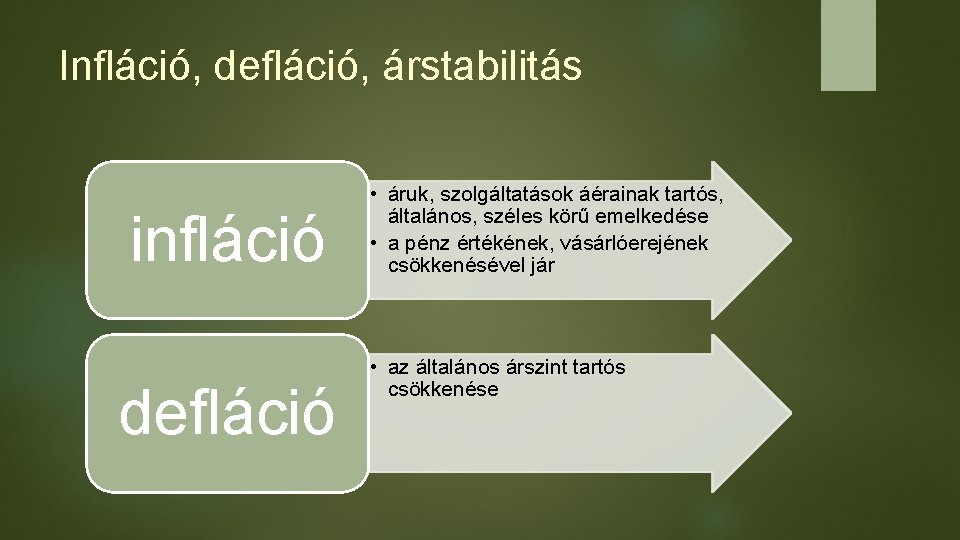 Infláció, defláció, árstabilitás infláció defláció • áruk, szolgáltatások áérainak tartós, általános, széles körű emelkedése