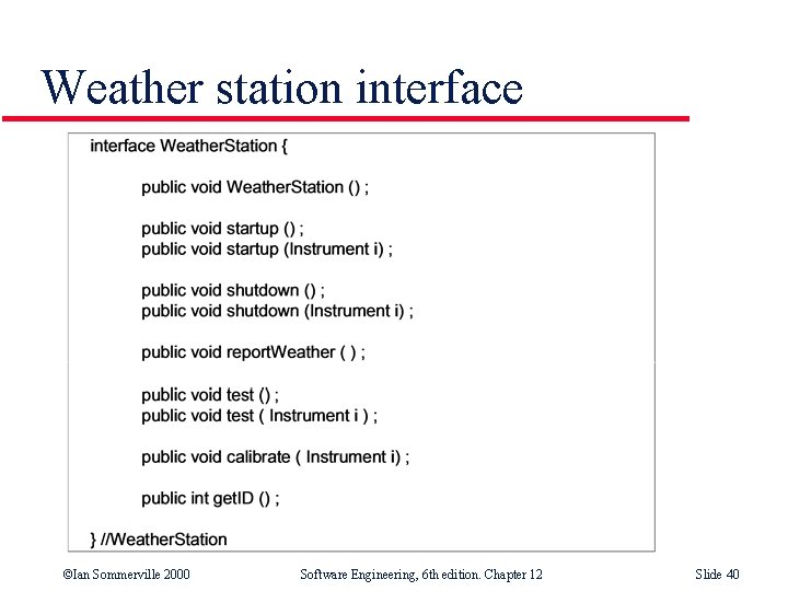 Weather station interface ©Ian Sommerville 2000 Software Engineering, 6 th edition. Chapter 12 Slide