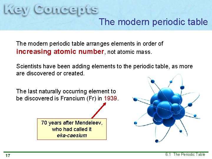 The modern periodic table arranges elements in order of increasing atomic number, not atomic