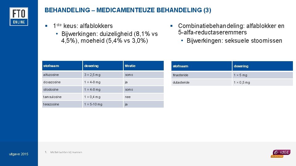 BEHANDELING – MEDICAMENTEUZE BEHANDELING (3) § 1 ste keus: alfablokkers • Bijwerkingen: duizeligheid (8,