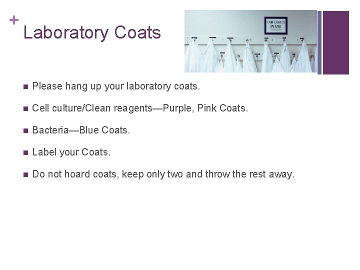 + Laboratory Coats n Please hang up your laboratory coats. n Cell culture/Clean reagents—Purple,