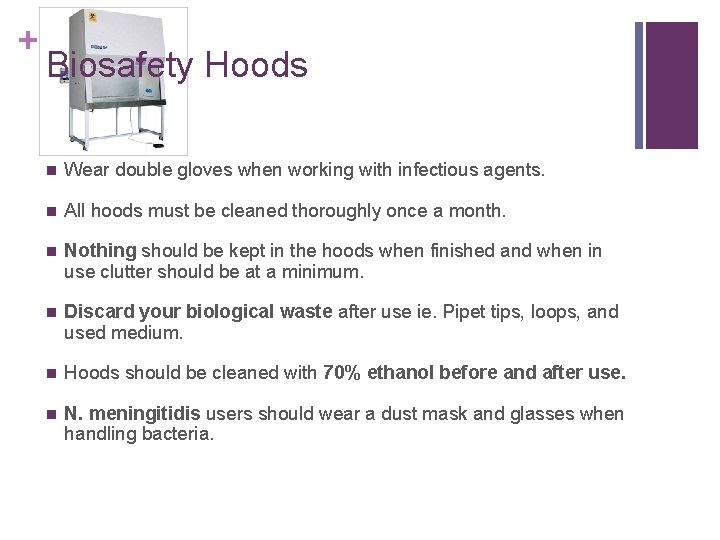 + Biosafety Hoods n Wear double gloves when working with infectious agents. n All