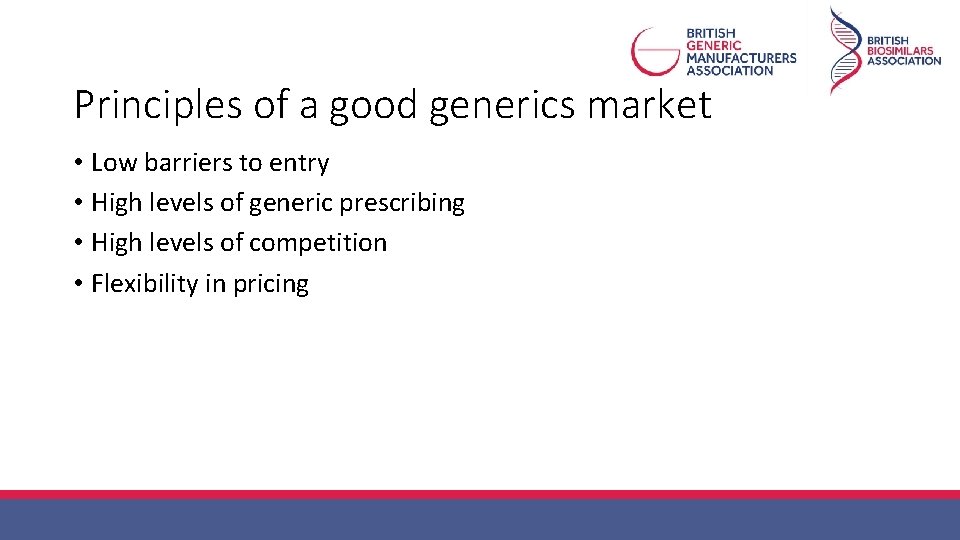 Principles of a good generics market • Low barriers to entry • High levels