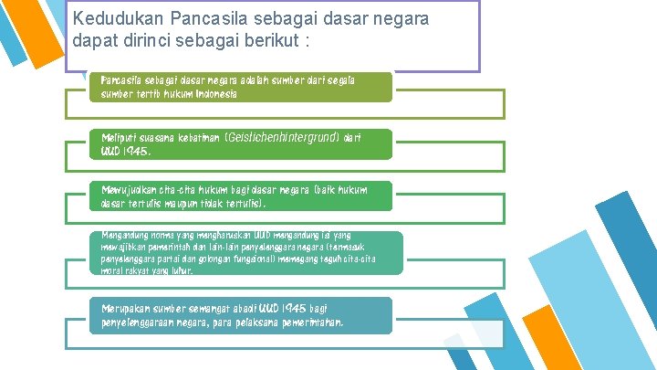 Kedudukan Pancasila sebagai dasar negara dapat dirinci sebagai berikut : Pancasila sebagai dasar negara