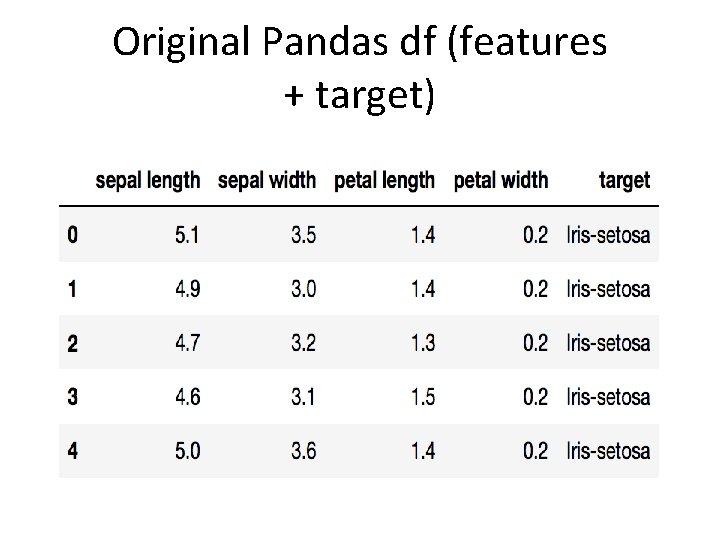 Original Pandas df (features + target) 