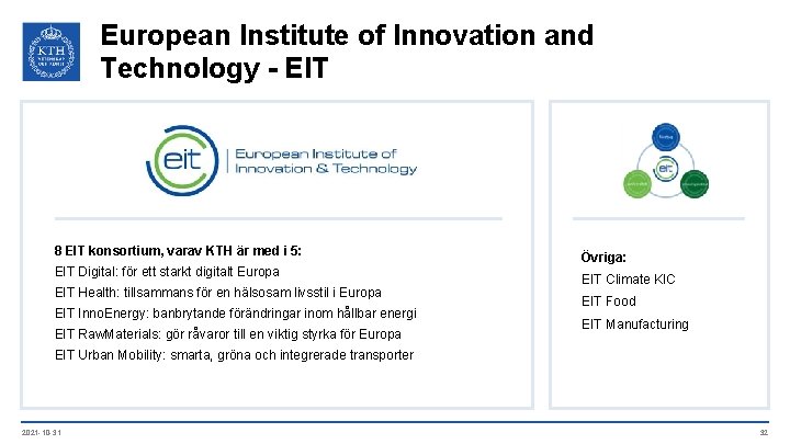European Institute of Innovation and Technology - EIT 8 EIT konsortium, varav KTH är