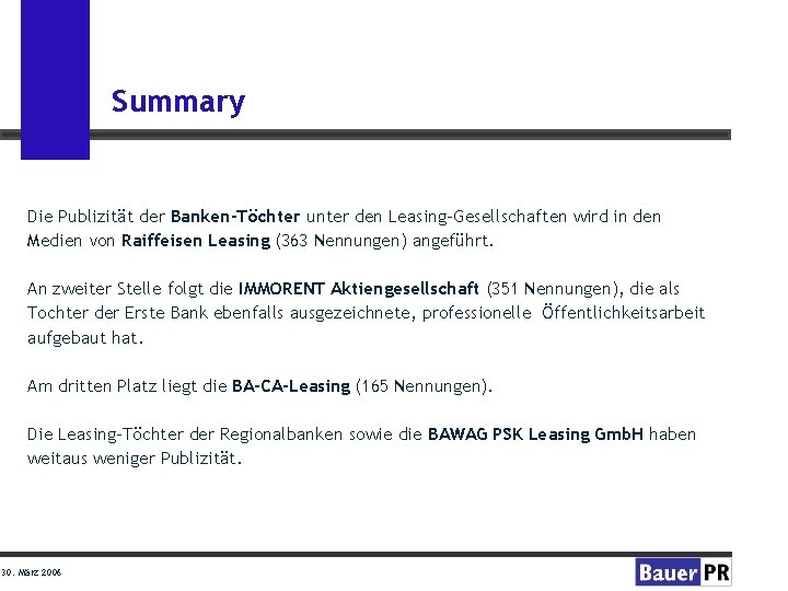 Summary Die Publizität der Banken-Töchter unter den Leasing-Gesellschaften wird in den Medien von Raiffeisen