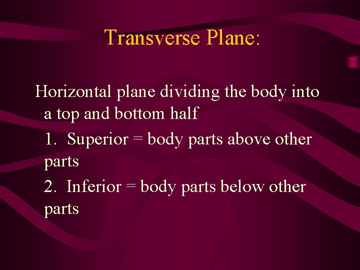 Transverse Plane: Horizontal plane dividing the body into a top and bottom half 1. Transverse Plane: Horizontal plane dividing the body into a top and bottom half 1.