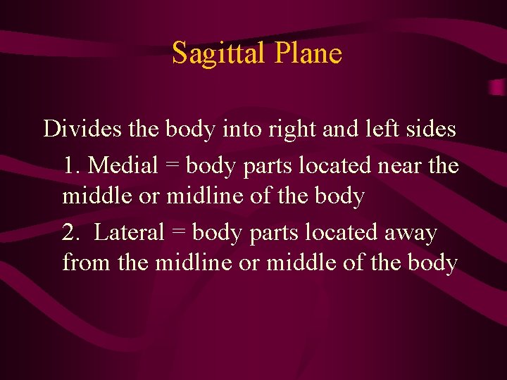 Sagittal Plane Divides the body into right and left sides 1. Medial = body Sagittal Plane Divides the body into right and left sides 1. Medial = body
