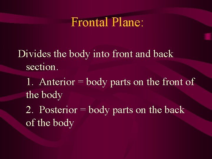 Frontal Plane: Divides the body into front and back section. 1. Anterior = body Frontal Plane: Divides the body into front and back section. 1. Anterior = body