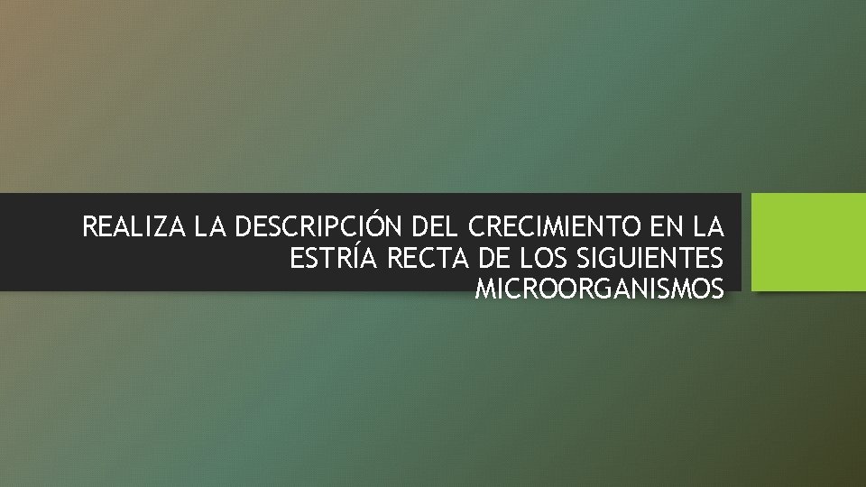 REALIZA LA DESCRIPCIÓN DEL CRECIMIENTO EN LA ESTRÍA RECTA DE LOS SIGUIENTES MICROORGANISMOS 