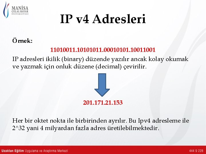 IP v 4 Adresleri Örnek: 11010011. 10101011. 00010101. 1001 IP adresleri ikilik (binary) düzende