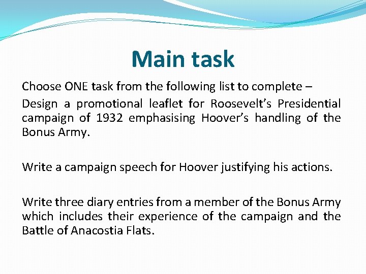 Main task Choose ONE task from the following list to complete – Design a Main task Choose ONE task from the following list to complete – Design a