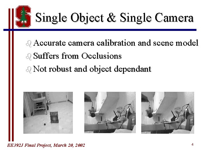 Single Object & Single Camera b Accurate camera calibration and scene model b Suffers Single Object & Single Camera b Accurate camera calibration and scene model b Suffers