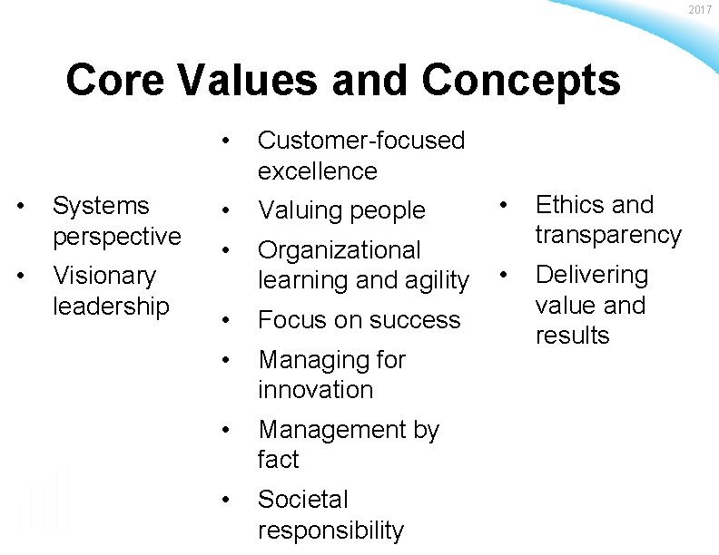 2017 Core Values and Concepts • • Systems perspective Visionary leadership • Customer-focused excellence