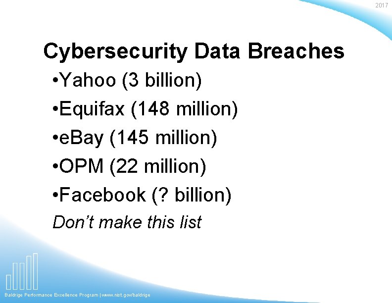 2017 Cybersecurity Data Breaches • Yahoo (3 billion) • Equifax (148 million) • e.