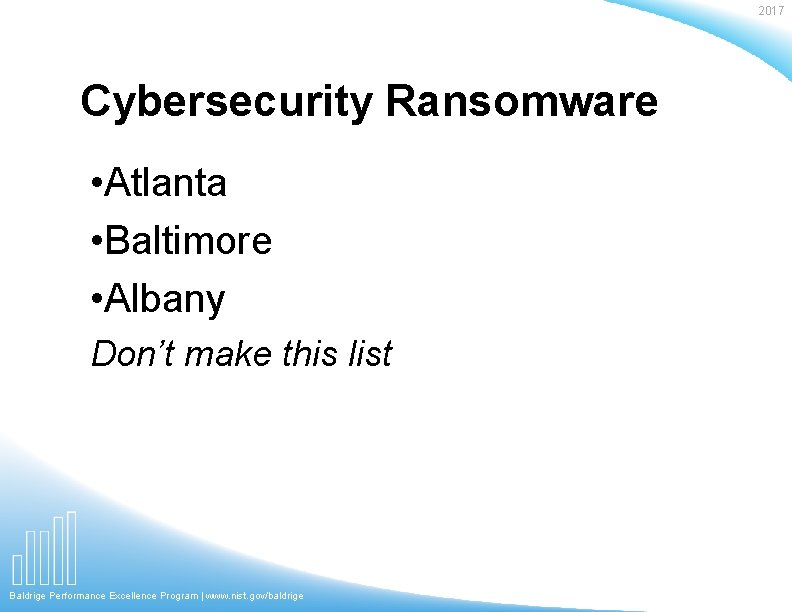 2017 Cybersecurity Ransomware • Atlanta • Baltimore • Albany Don’t make this list Baldrige