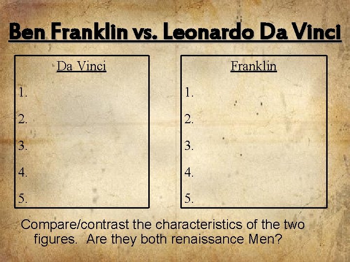 Ben Franklin vs. Leonardo Da Vinci Franklin 1. 2. 3. 4. 5. Compare/contrast the
