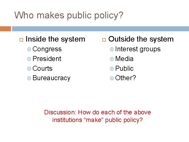 Who makes public policy? Inside the system Outside the system Congress Interest President Media