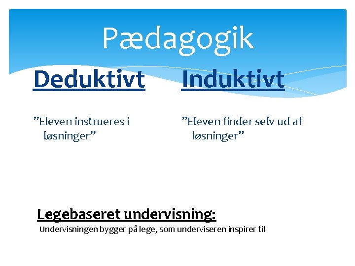 Pædagogik Deduktivt Induktivt ”Eleven instrueres i løsninger” ”Eleven finder selv ud af løsninger” Legebaseret