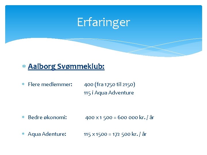 Erfaringer Aalborg Svømmeklub: Flere medlemmer: 400 (fra 1750 til 2150) 115 i Aqua Adventure