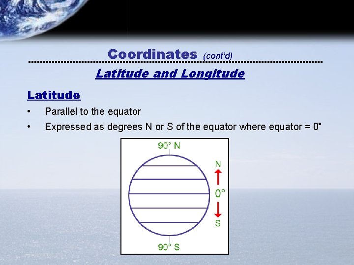Coordinates (cont’d) Latitude and Longitude Latitude • Parallel to the equator • Expressed as