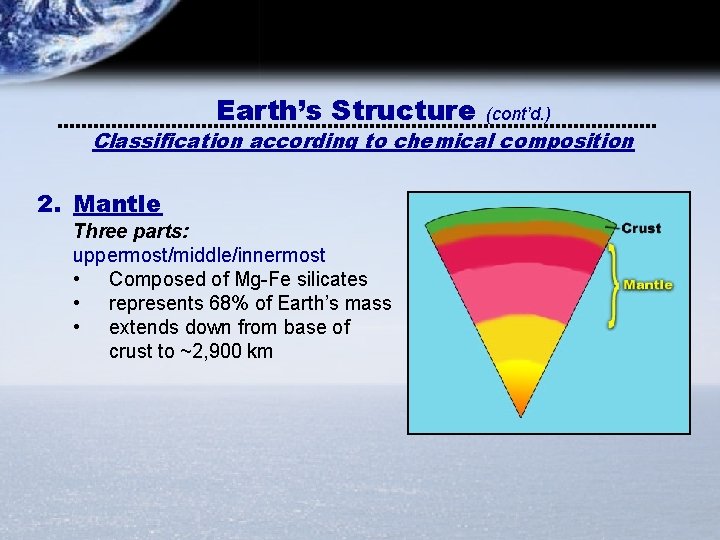 Earth’s Structure (cont’d. ) Classification according to chemical composition 2. Mantle Three parts: uppermost/middle/innermost