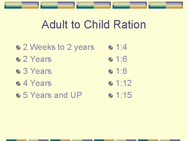 Adult to Child Ration 2 Weeks to 2 years 2 Years 3 Years 4