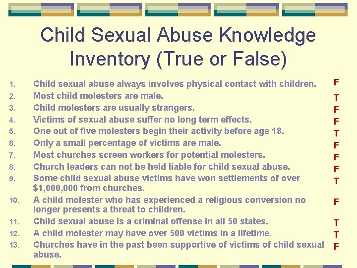 Child Sexual Abuse Knowledge Inventory (True or False) 1. 2. 3. 4. 5. 6.