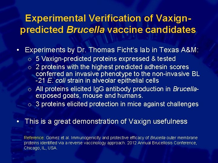 Experimental Verification of Vaxignpredicted Brucella vaccine candidates • Experiments by Dr. Thomas Ficht’s lab