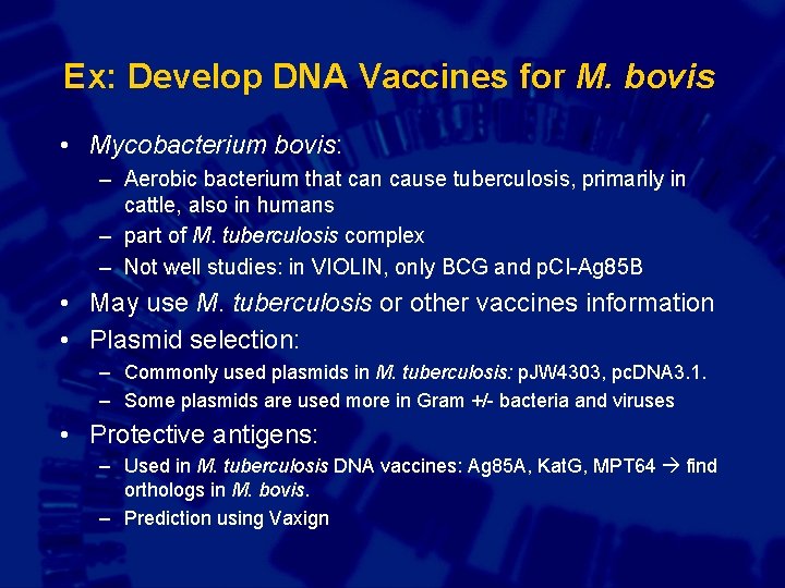 Ex: Develop DNA Vaccines for M. bovis • Mycobacterium bovis: – Aerobic bacterium that